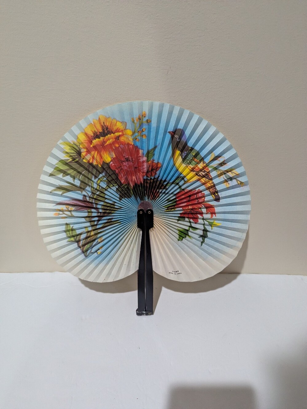1970' s, Vintage Handheld Folding Fan with Floral & Bird Print - Blue Background